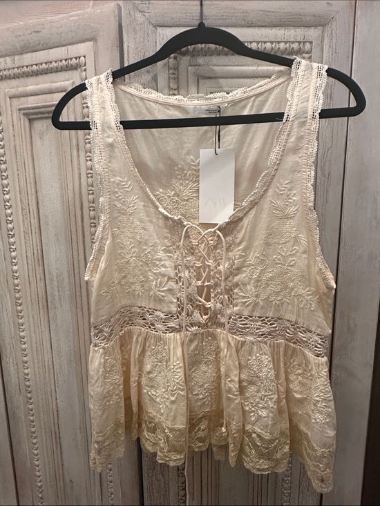 Zara Tops - Zara Cream Embroidered Lace-Trim Peplum Top